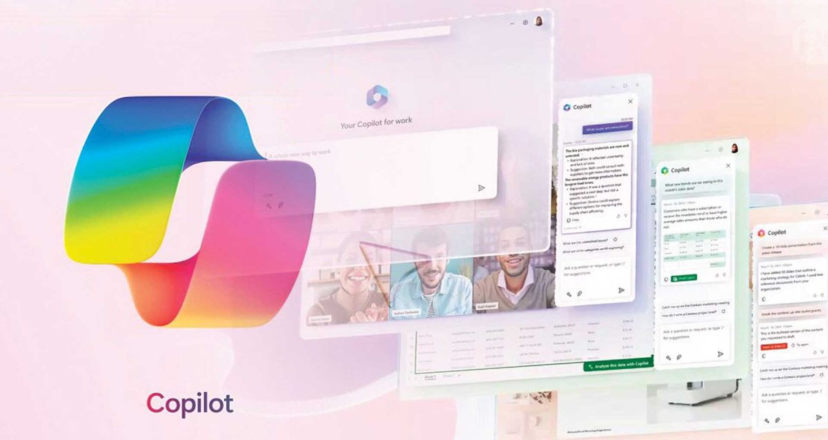 Microsoft Copilot-banier met vensters van Teams, Outlook en Excel