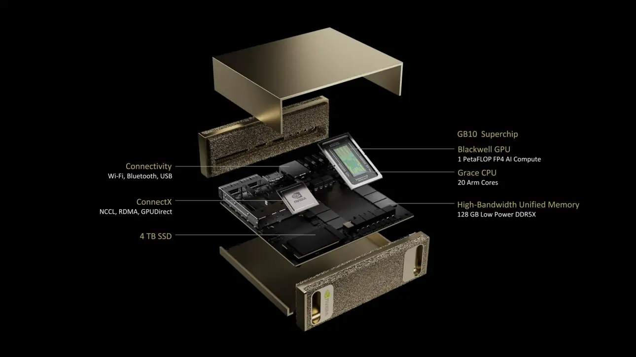 Exploded view van de NVIDIA DGX Spark met GB10 Superchip, Blackwell GPU, Grace CPU, 128 GB unified memory en 4 TB SSD