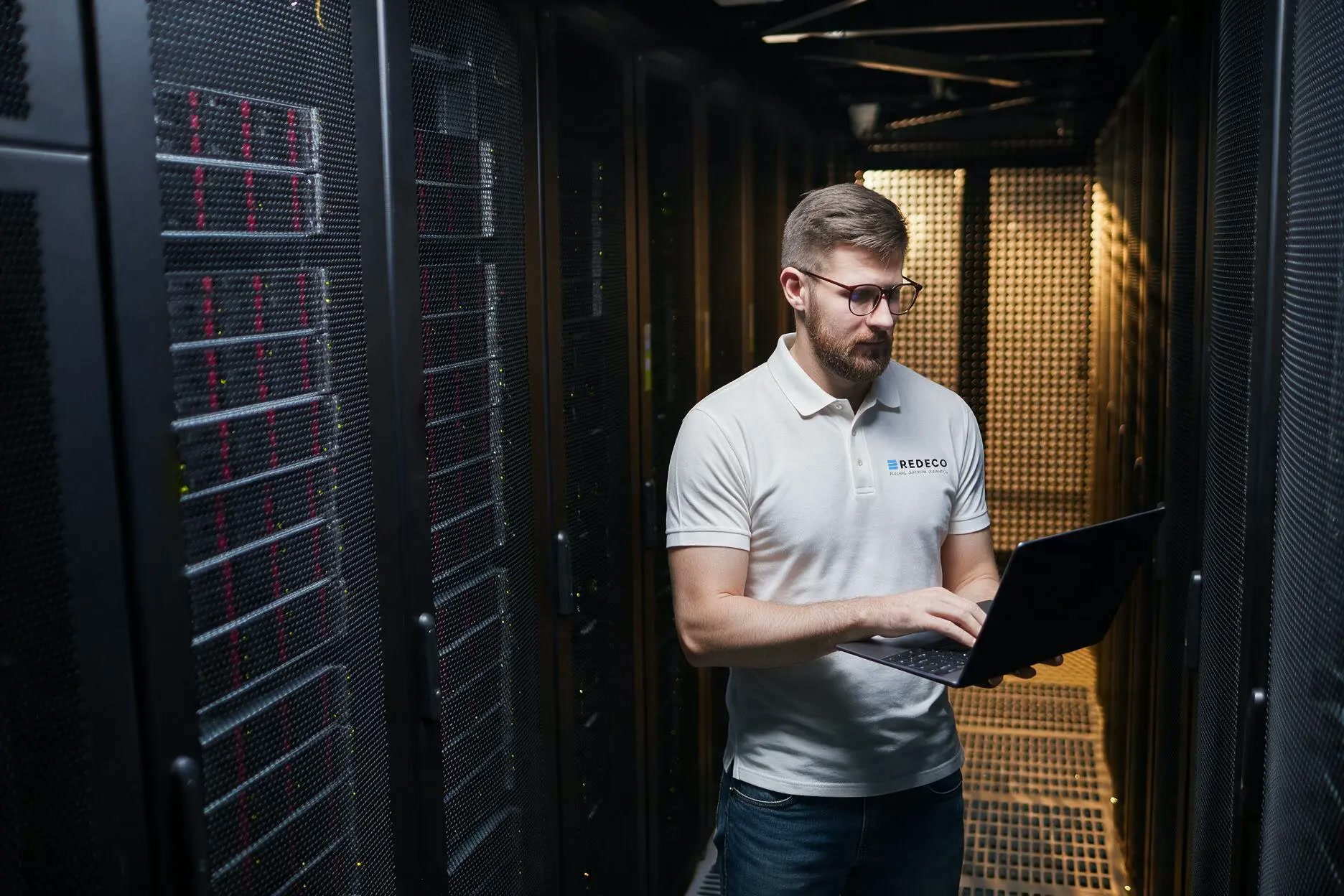 Redeco IT engineer in white polo working with a laptop in a data centre rack