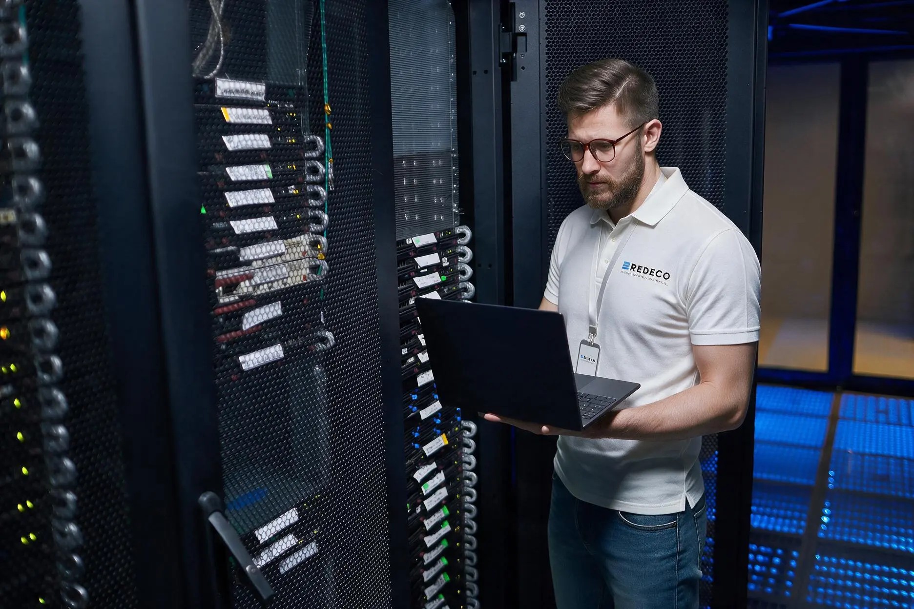 Redeco IT engineer working with a laptop in a data centre rack