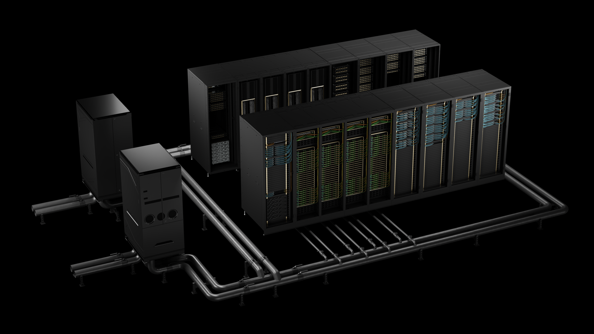 NVIDIA Blackwell AI factory racks with liquid cooling and GPU fabric cabling